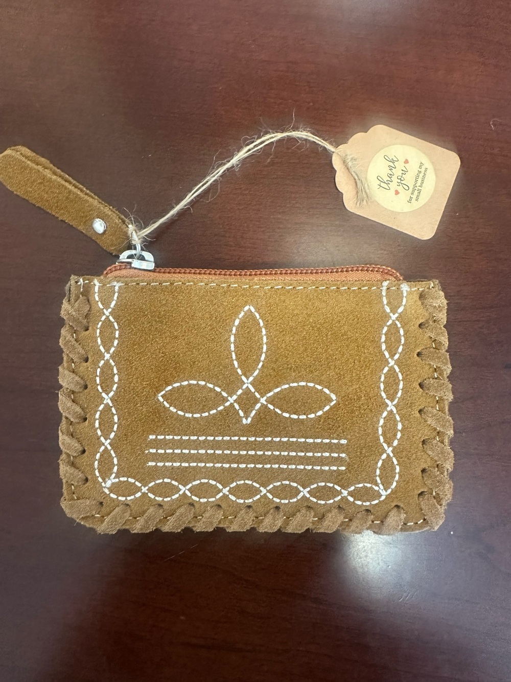Suede Wristlet Coin Purse in Camel Brown